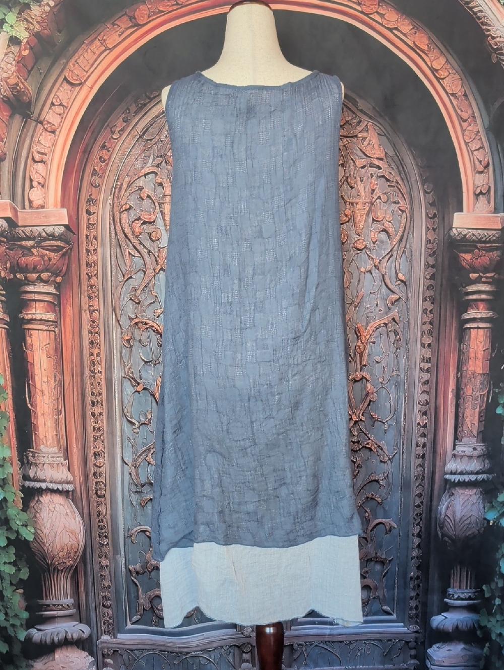 Simply Couture Slate Blue Linen Tank Dress with Ivory Hem Trim - Picture 3 of 8